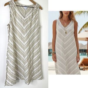 Liz Claiborne Shift Dress Linen Chevron Beige Stripe Sleeveless Large Pockets